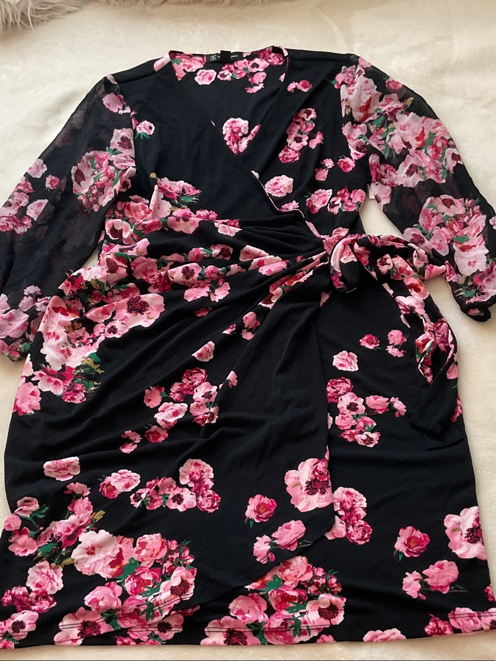 INC International Concepts Black Floral Wrap Dress with Pink Blossoms